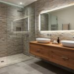 Modern bathroom interior with stone wall, floating vanity and vessel sinks